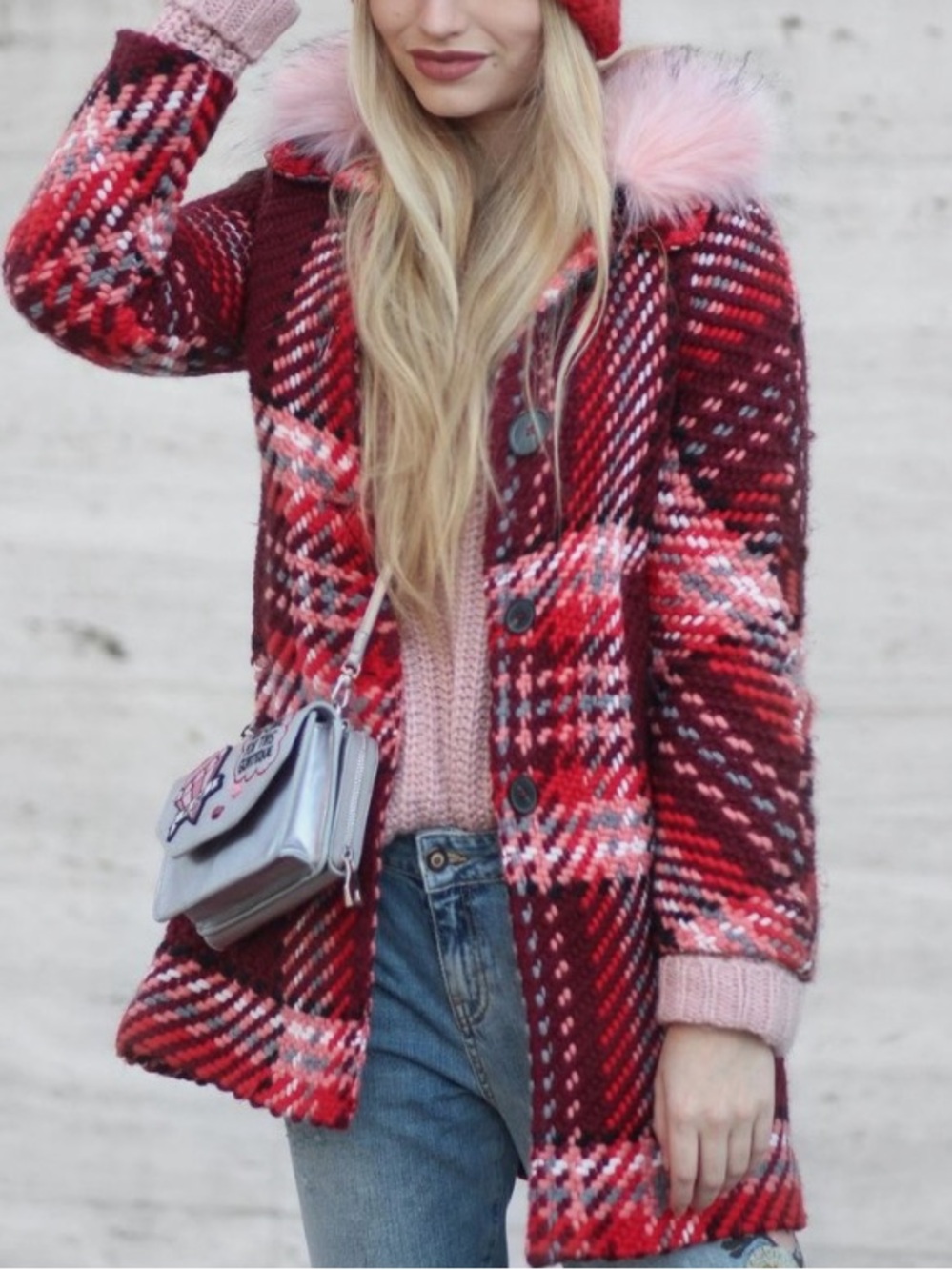 Zara Red & Pink Plaid Coat with Removable Faux Fur Hood